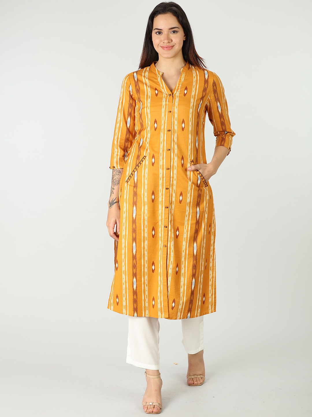 

Mustard Printed Mandarin Collar Kurta, Yellow