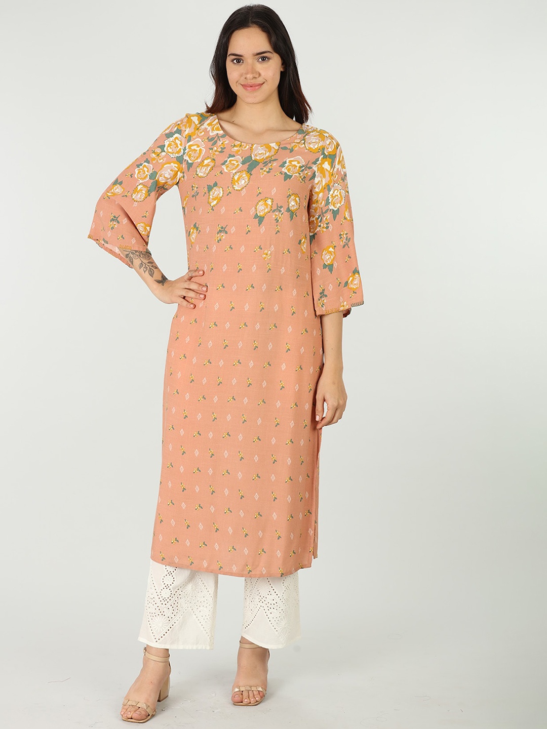 

Mustard Floral Printed Round Neck Kurta, Peach