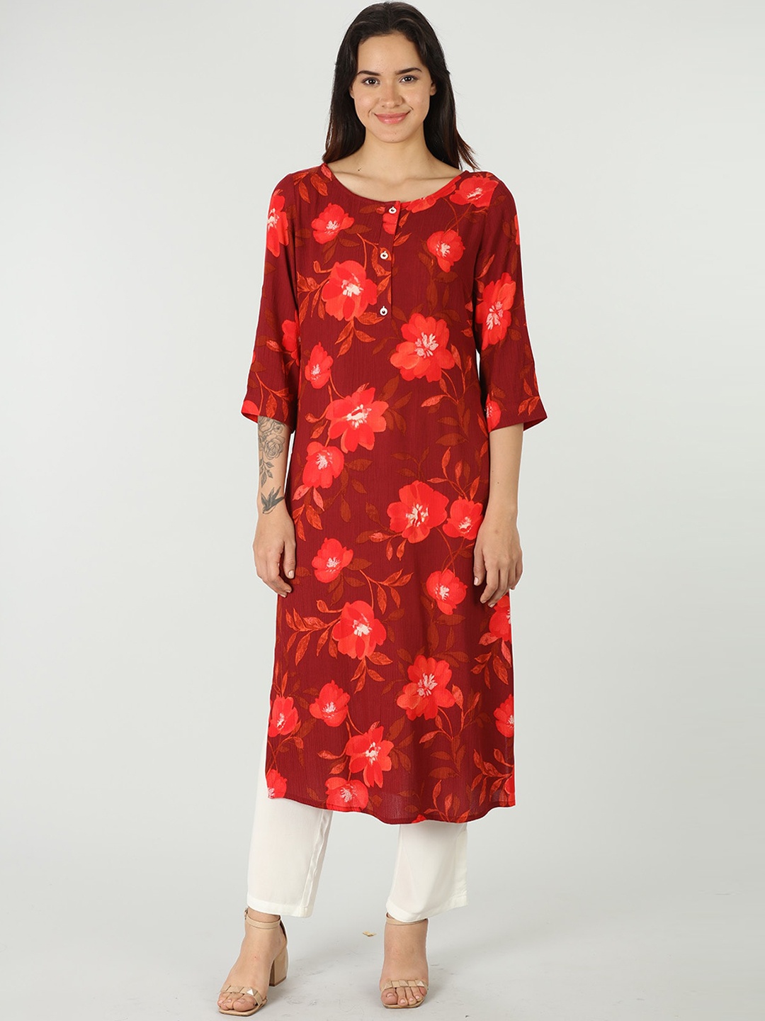 

Mustard Floral Printed Kurta, Red