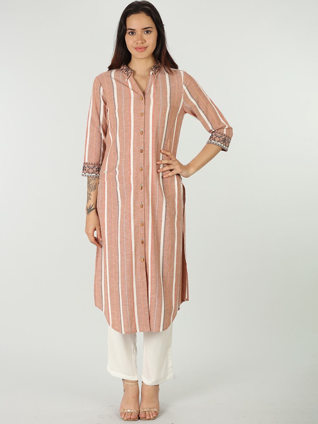 

Mustard Striped Thread Work A-Line Cotton Kurta, Beige