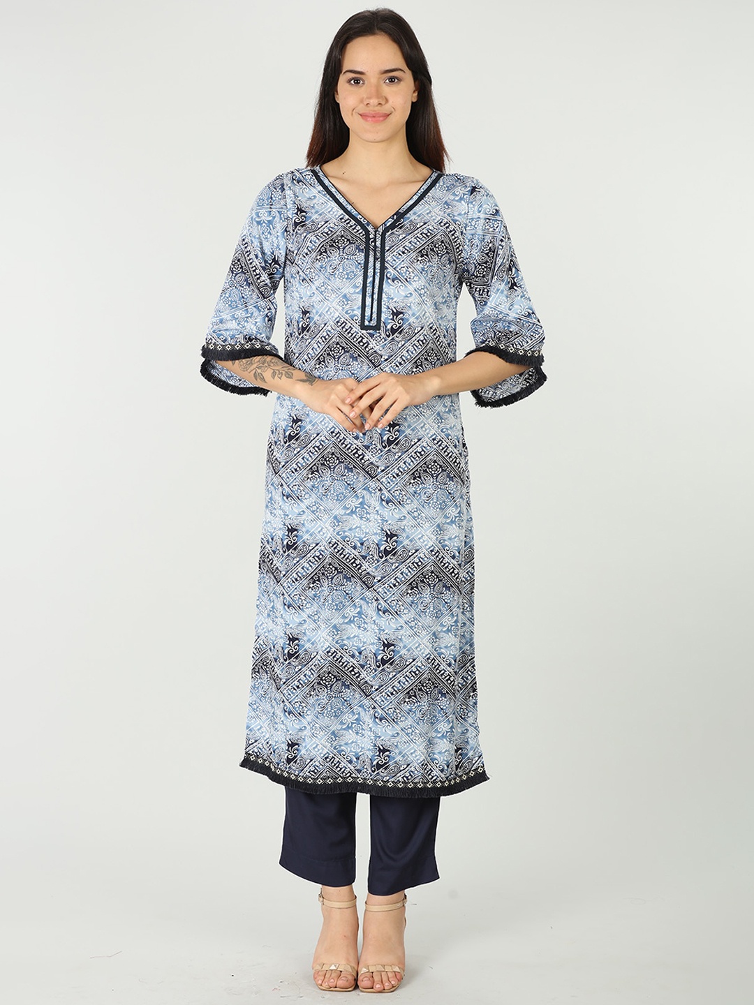 

Mustard Ethnic Printed V-Neck Kurta, Blue