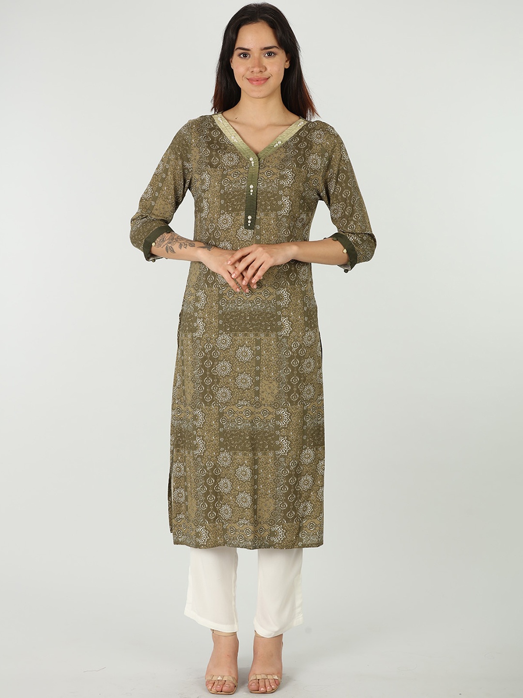 

Mustard Ethnic Printed V-Neck Kurta, Green