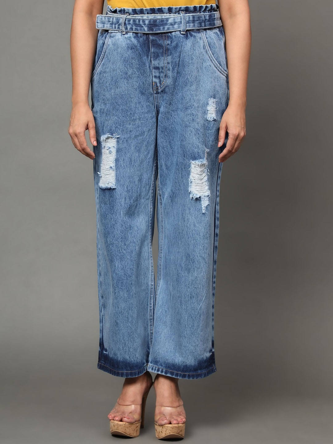 

AngelFab Women Jean Wide Leg High-Rise Mildly Distressed Light Fade Jeans, Blue
