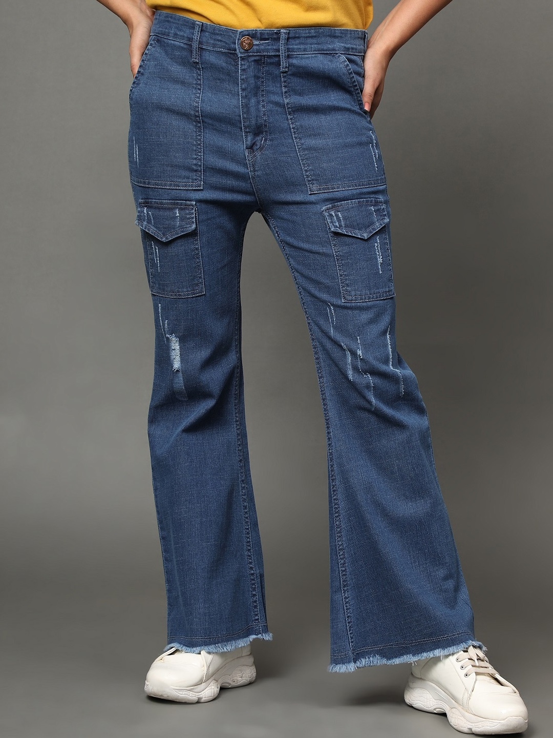 

AngelFab Women Jean Bootcut High-Rise Mildly Distressed Jeans, Blue