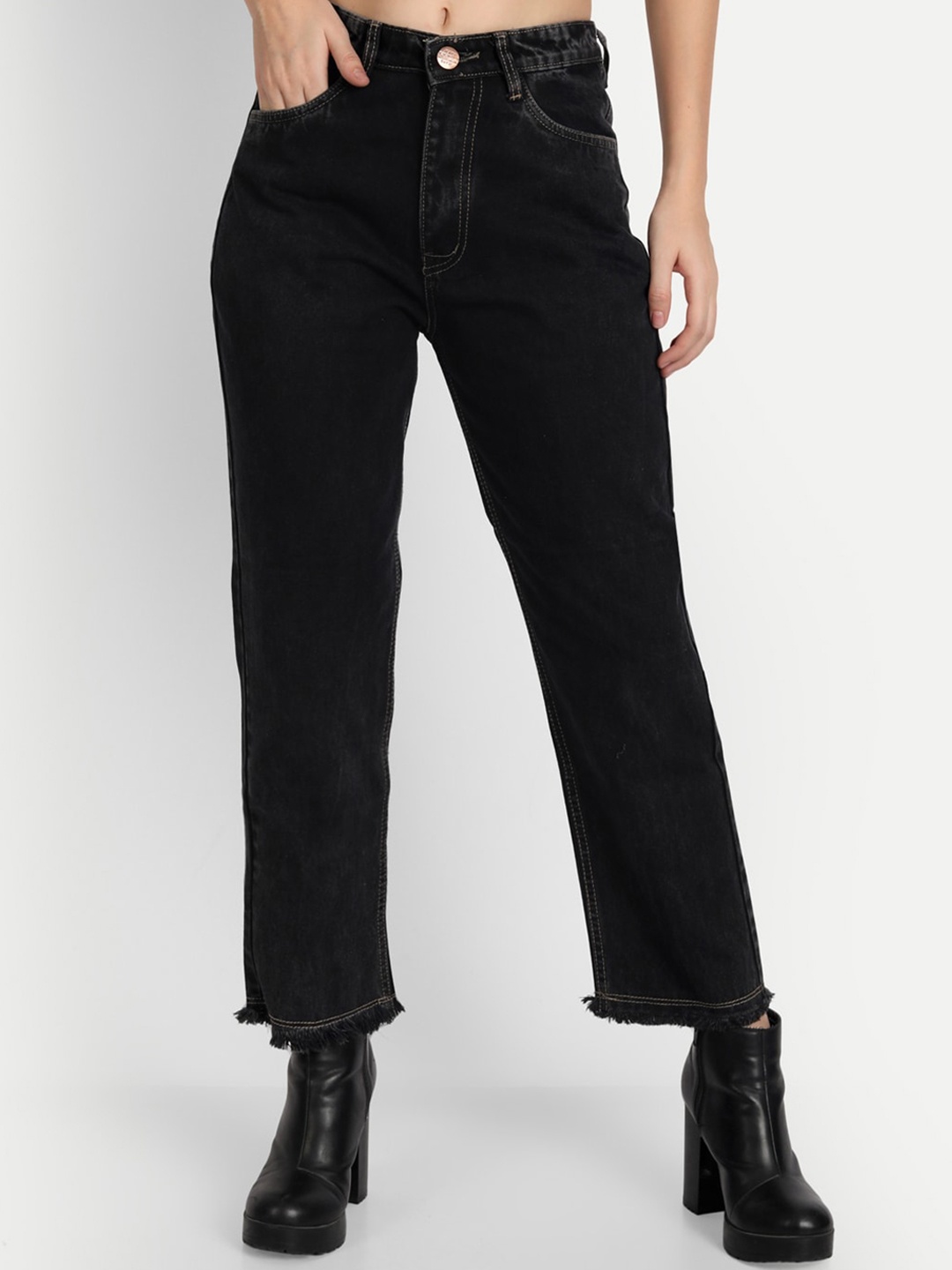 

AngelFab Women Jean Straight Fit High-Rise Jeans, Black
