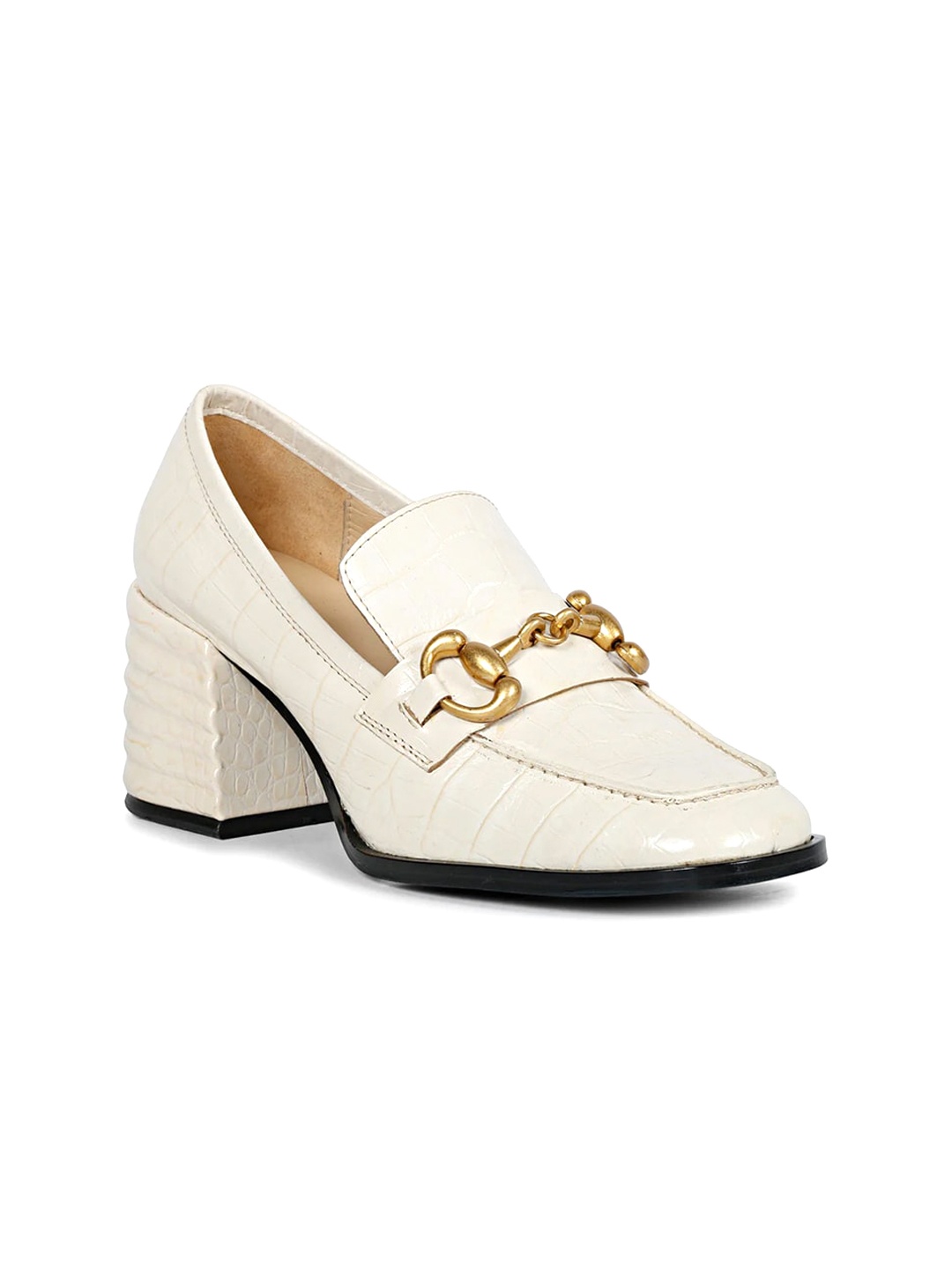 

Saint G Textured Buckled Leather Block Heel Mules, White