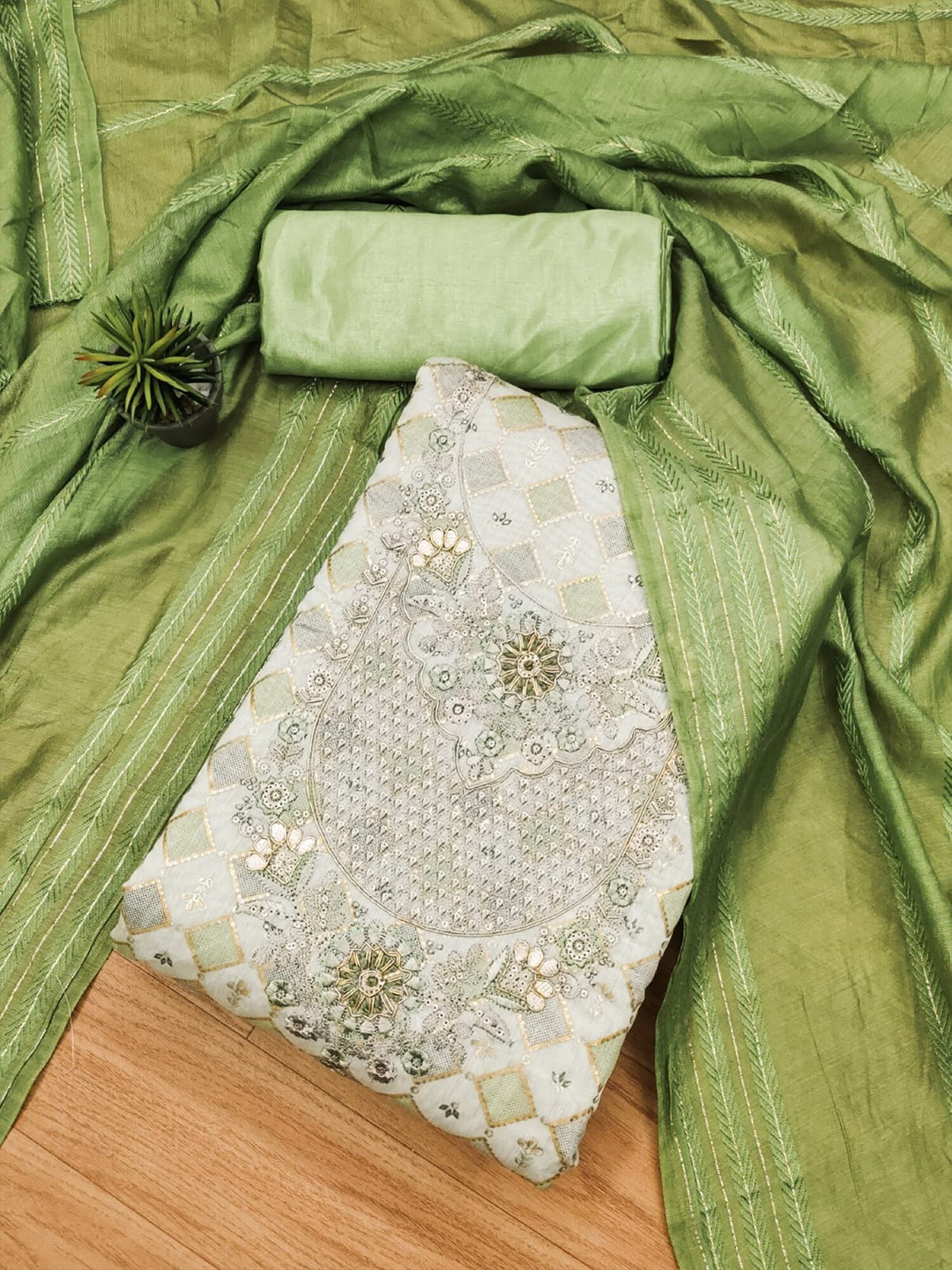 

KALINI Embellished Unstitched Dress Material, Green