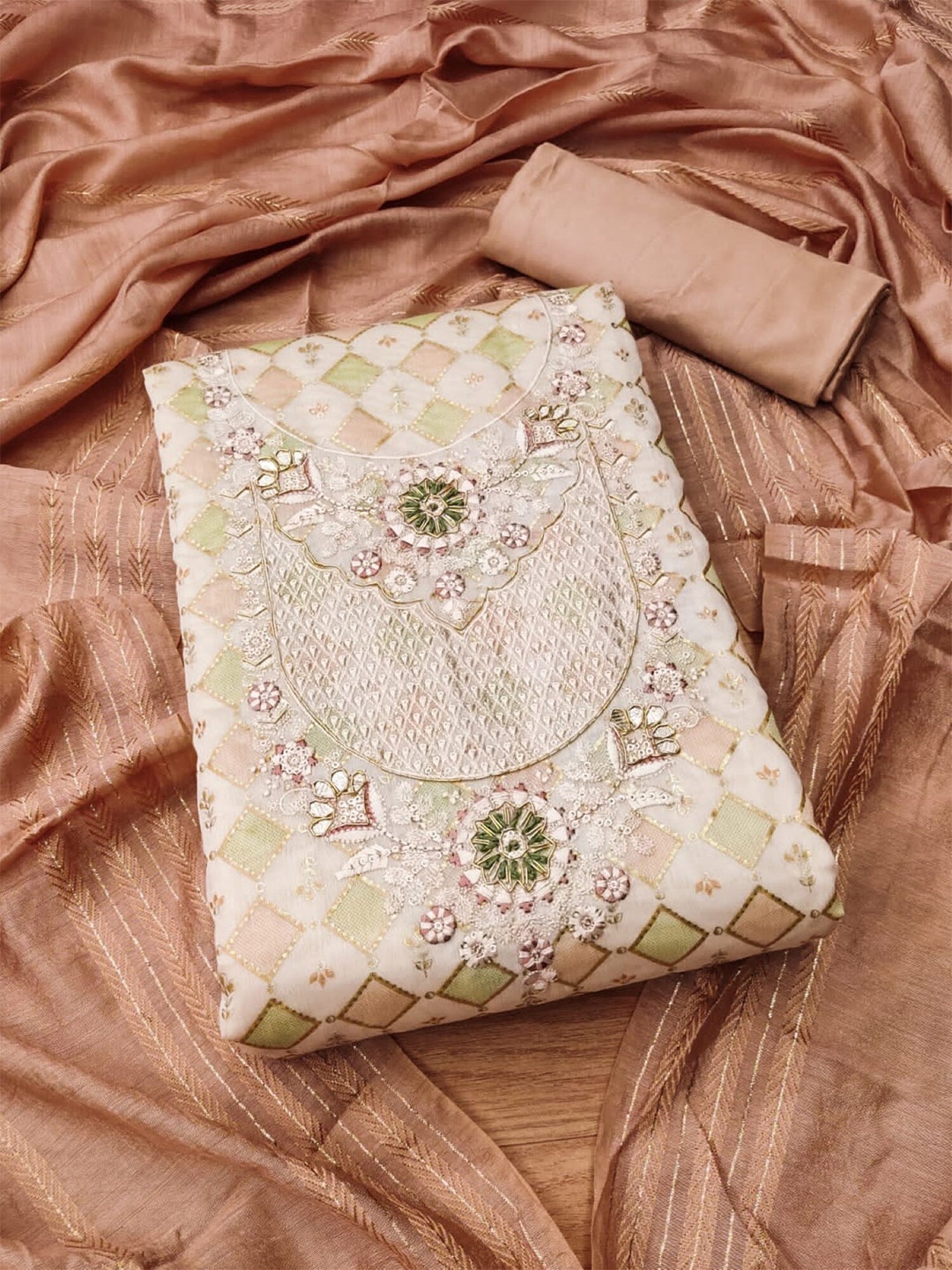 

KALINI Embellished Gotta Patti Unstitched Dress Material, Cream