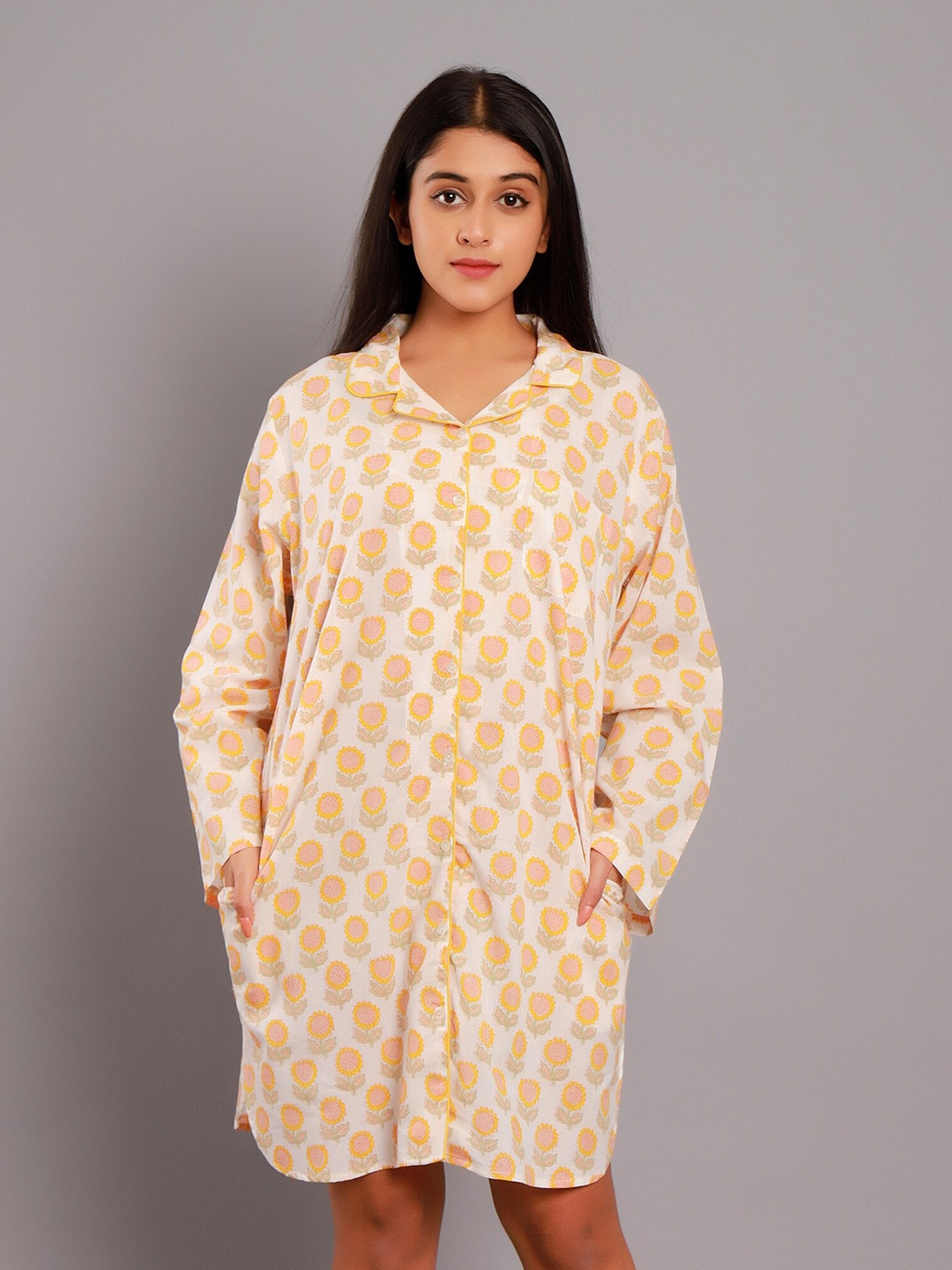 

GAURANCHE Ethnic Motifs Printed Shirt Pure Cotton Nightdress, Beige