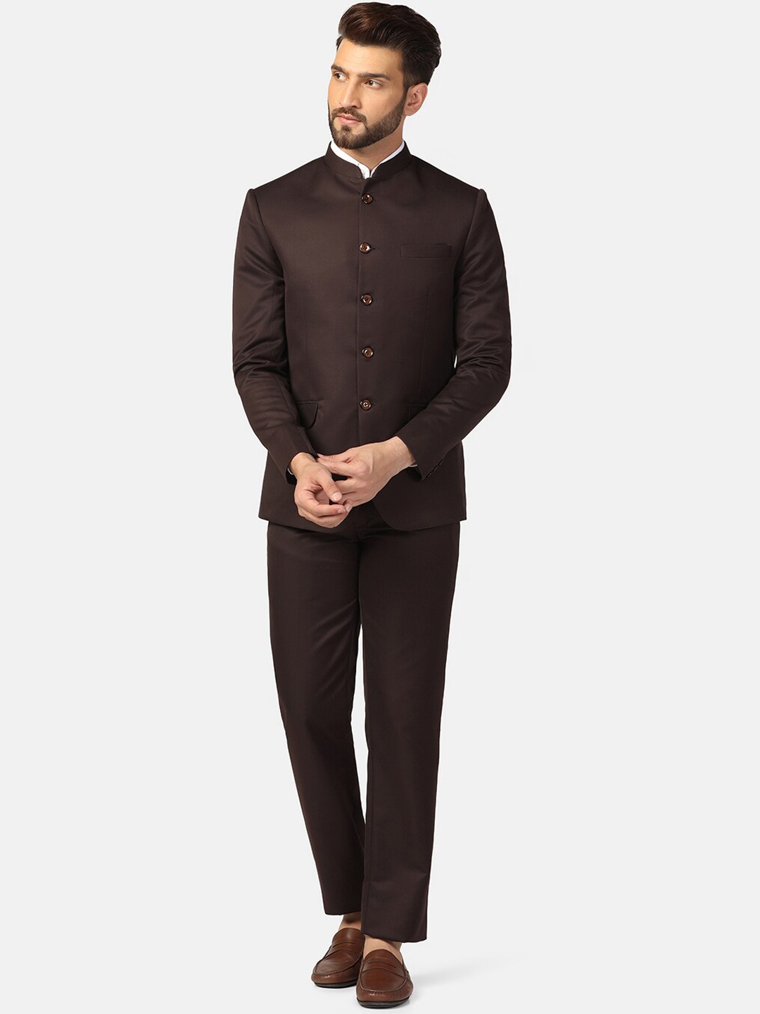 

TAHVO Slim-Fit Bandhgala Two-Piece Party Suit, Brown