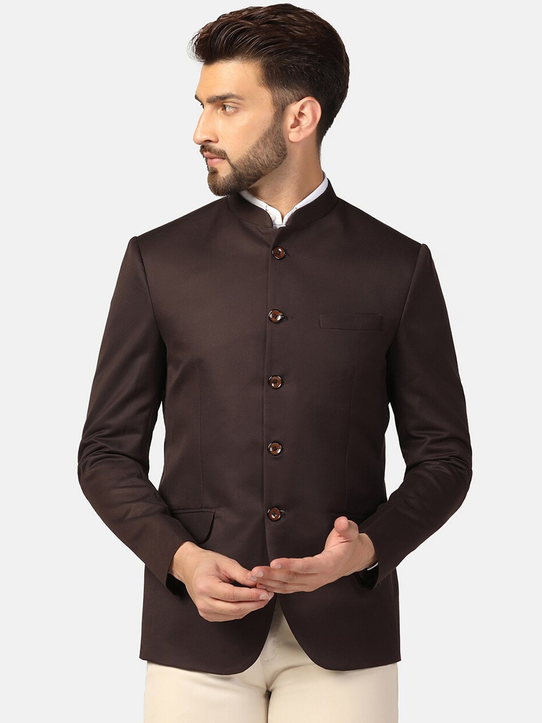 

TAHVO Slim-Fit Single Breasted Bandhgala Blazer, Brown