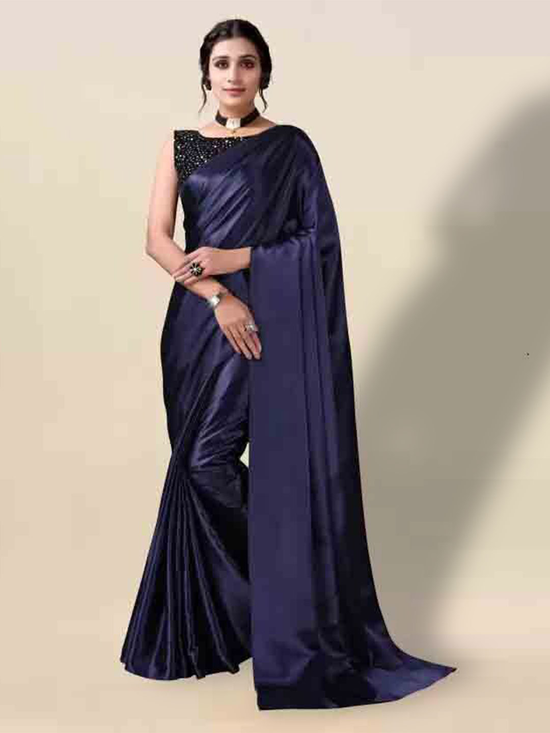 

MAGMINA Solid Satin Saree, Navy blue