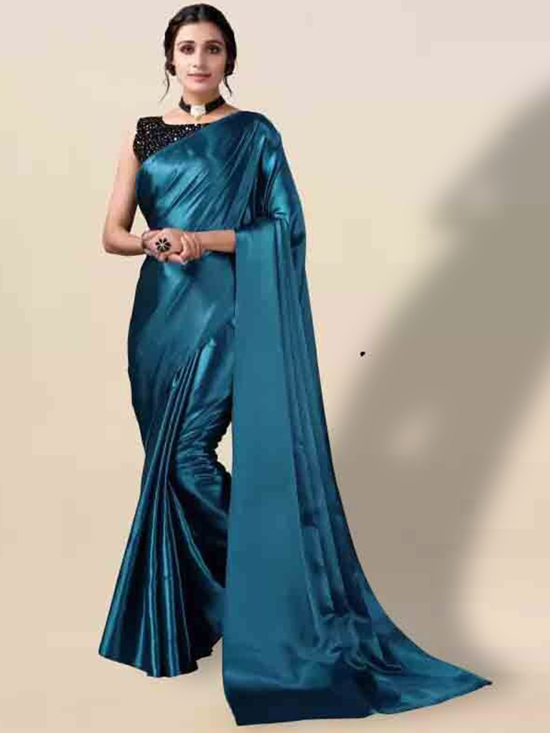 

MAGMINA Solid Satin Saree, Blue