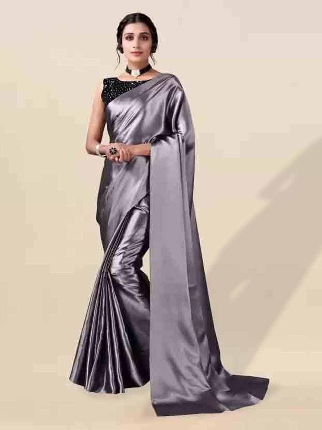 

MAGMINA Solid Satin Saree, Grey