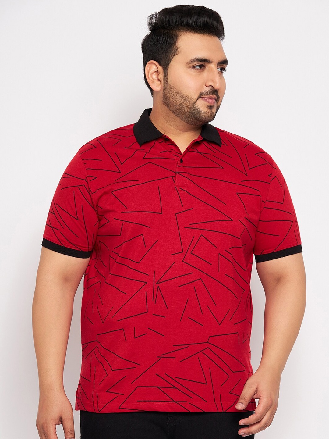 

WILD WEST Plus Size Geometric Printed Polo Collar T-shirt, Red