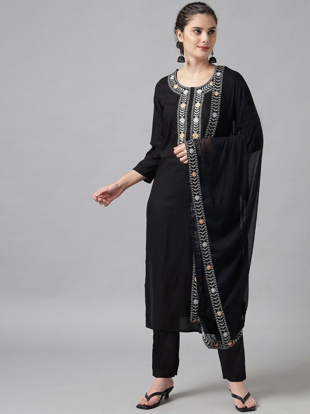 

Femvy Floral Embroidered Thread Work Kurta With Trousers & Dupatta, Black