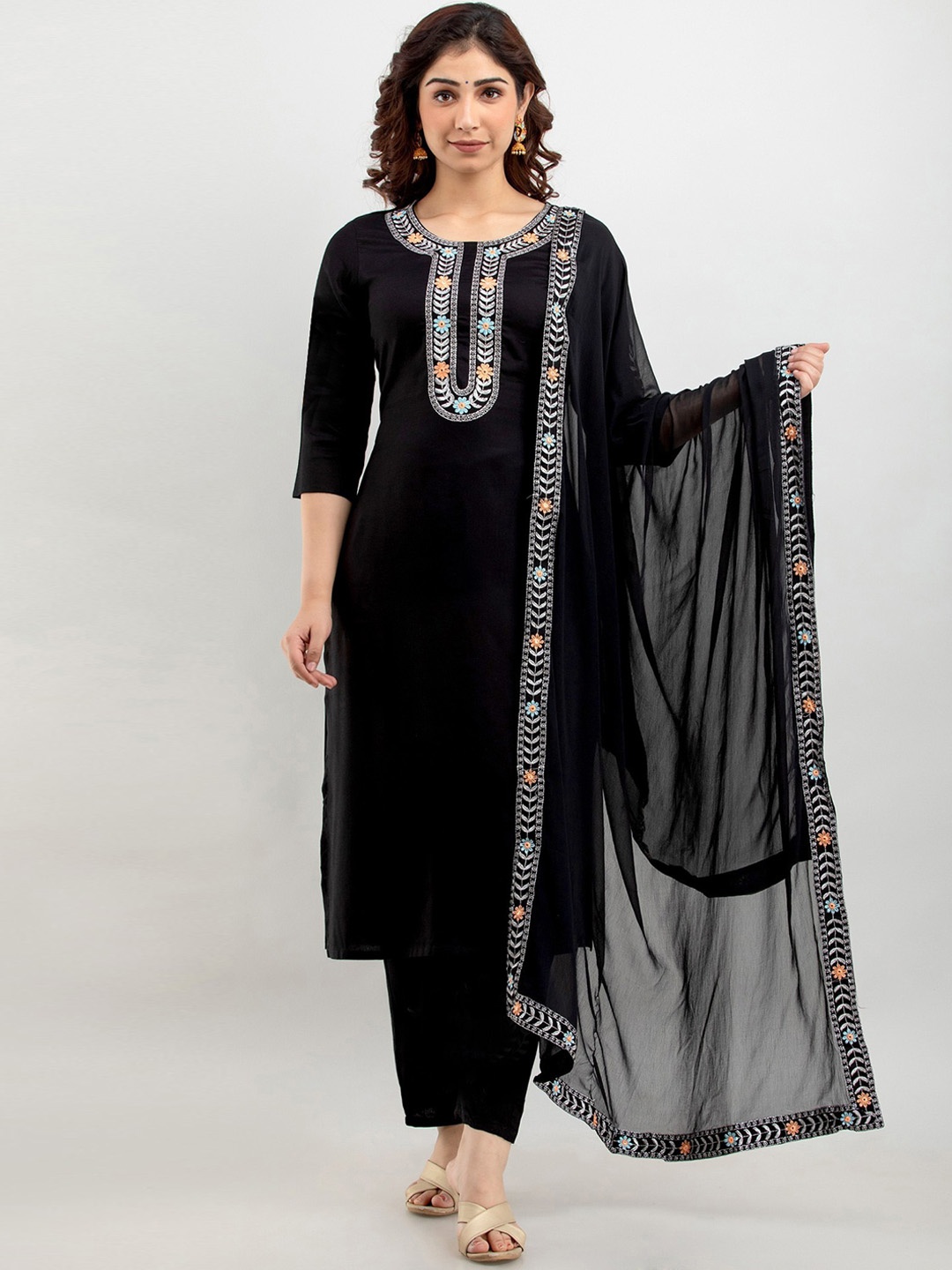 

Femvy Women Ethnic Motifs Embroidered Kurta with Trousers & With Dupatta, Black