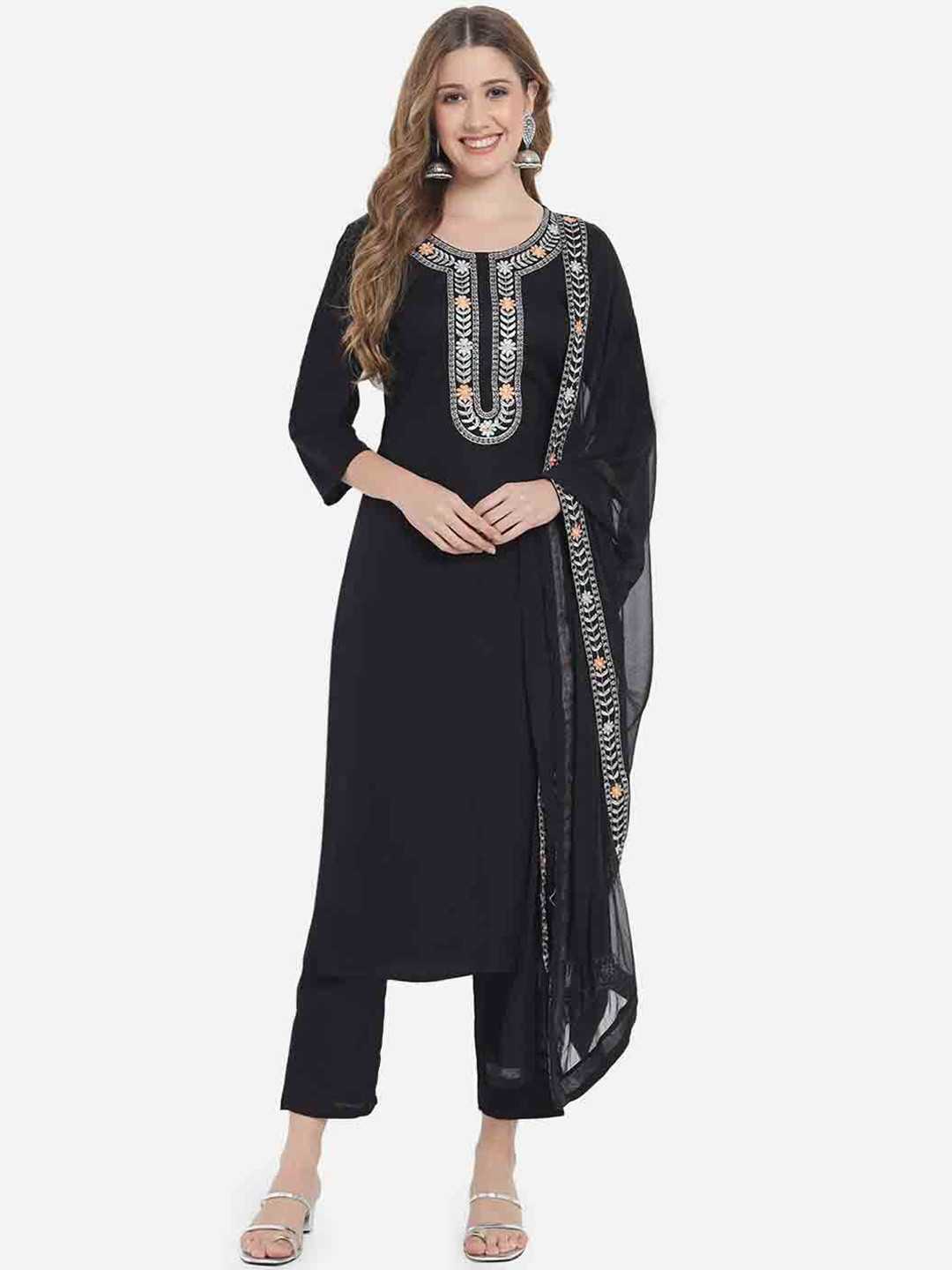 

Femvy Floral Embroidered Mirror Work Kurta with Trousers & With Dupatta, Black