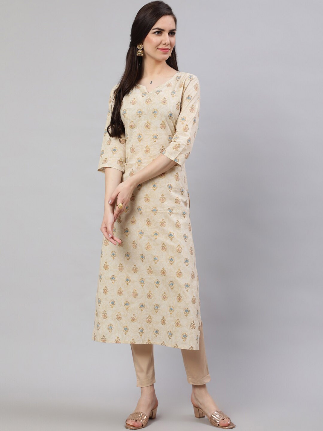 

Nayo Cream-Coloured Ethnic Motifs Printed Cotton Kurta