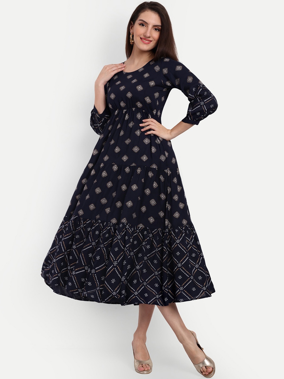 

KASHEEDA Ethnic Motifs Printed Ethnic Dress, Navy blue