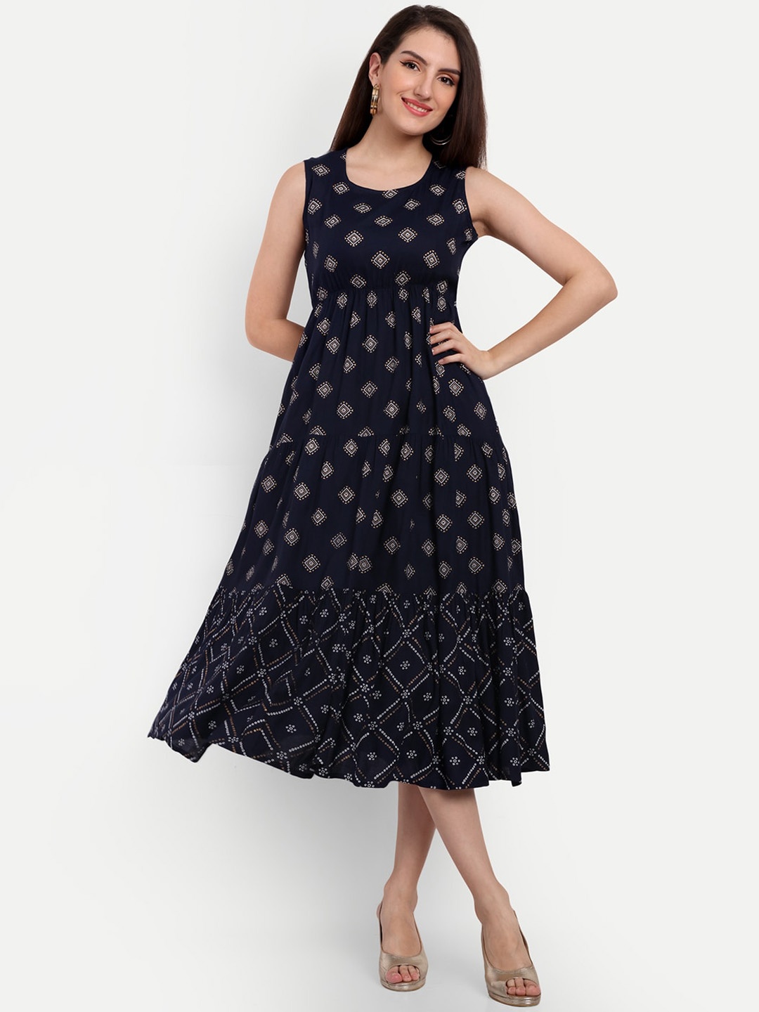 

KASHEEDA Geometric Printed A-line Midi Dress, Navy blue