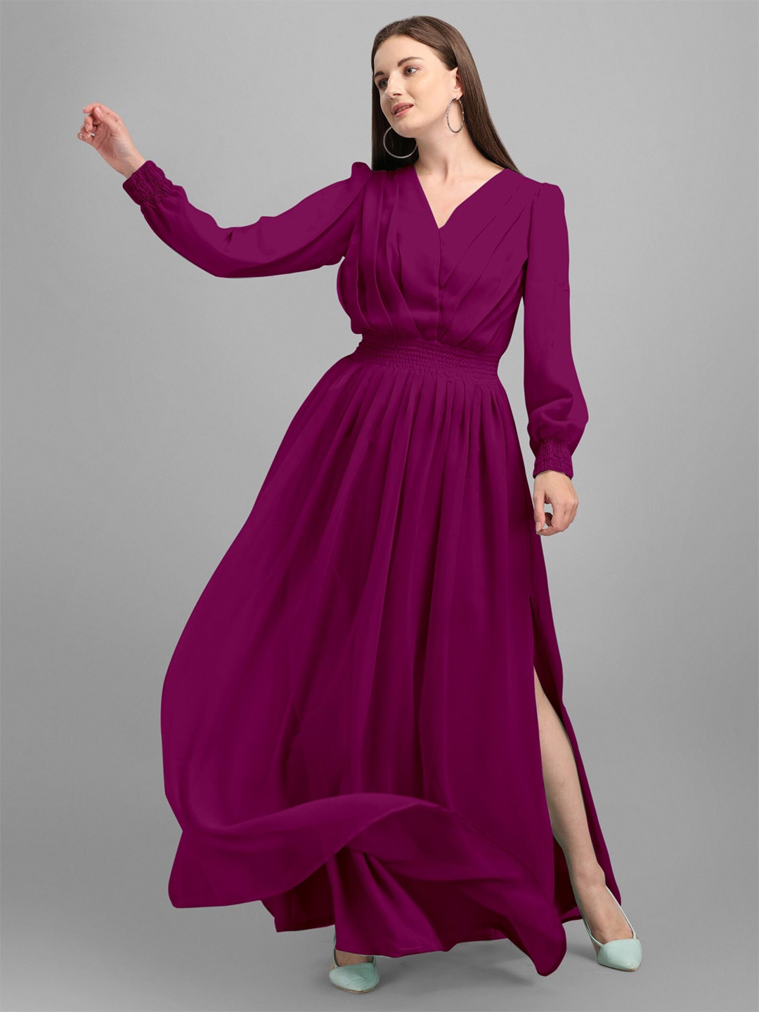 

Femvy Puff Sleeve Gathers & Pleats Detailed Maxi Dress, Burgundy