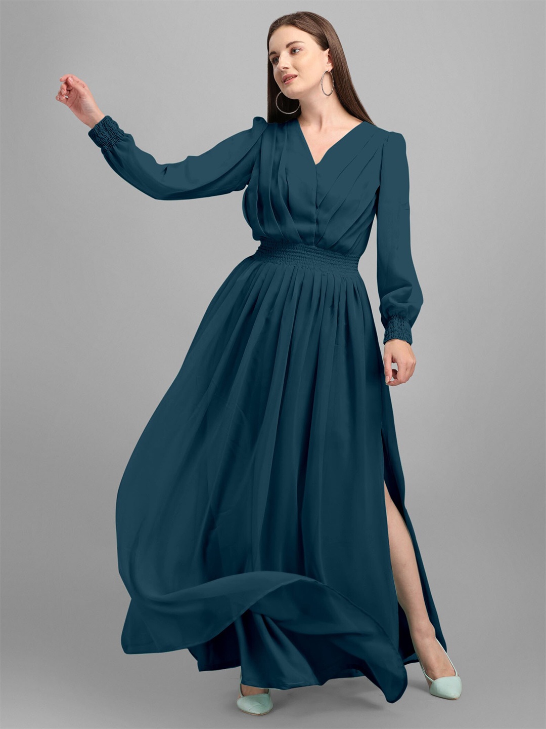 

Femvy Teal Blue V-Neck Cuffed Sleeves Georgette Maxi Dress