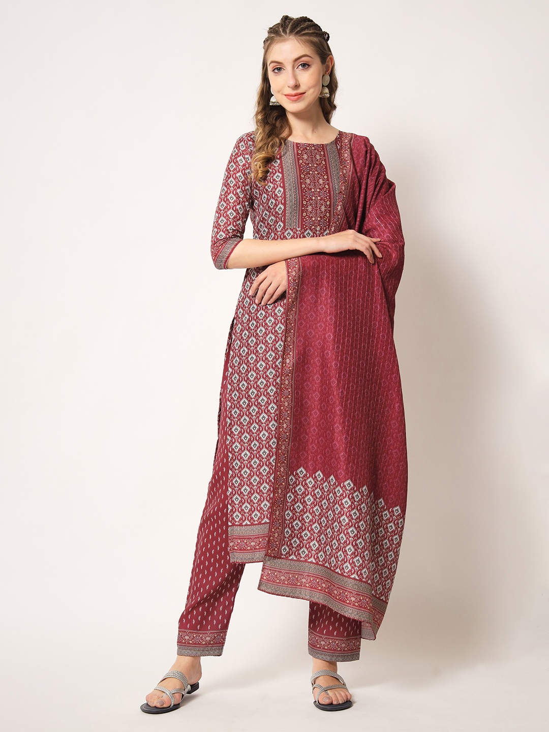 

Globon Impex Ethnic Motifs Printed Unstitched Dress Material, Maroon