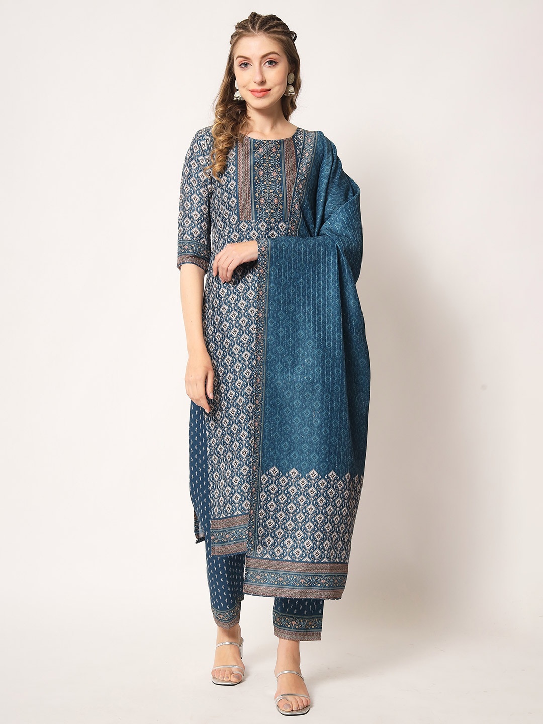 

Globon Impex Ethnic Motifs Printed Unstitched Dress Material, Teal