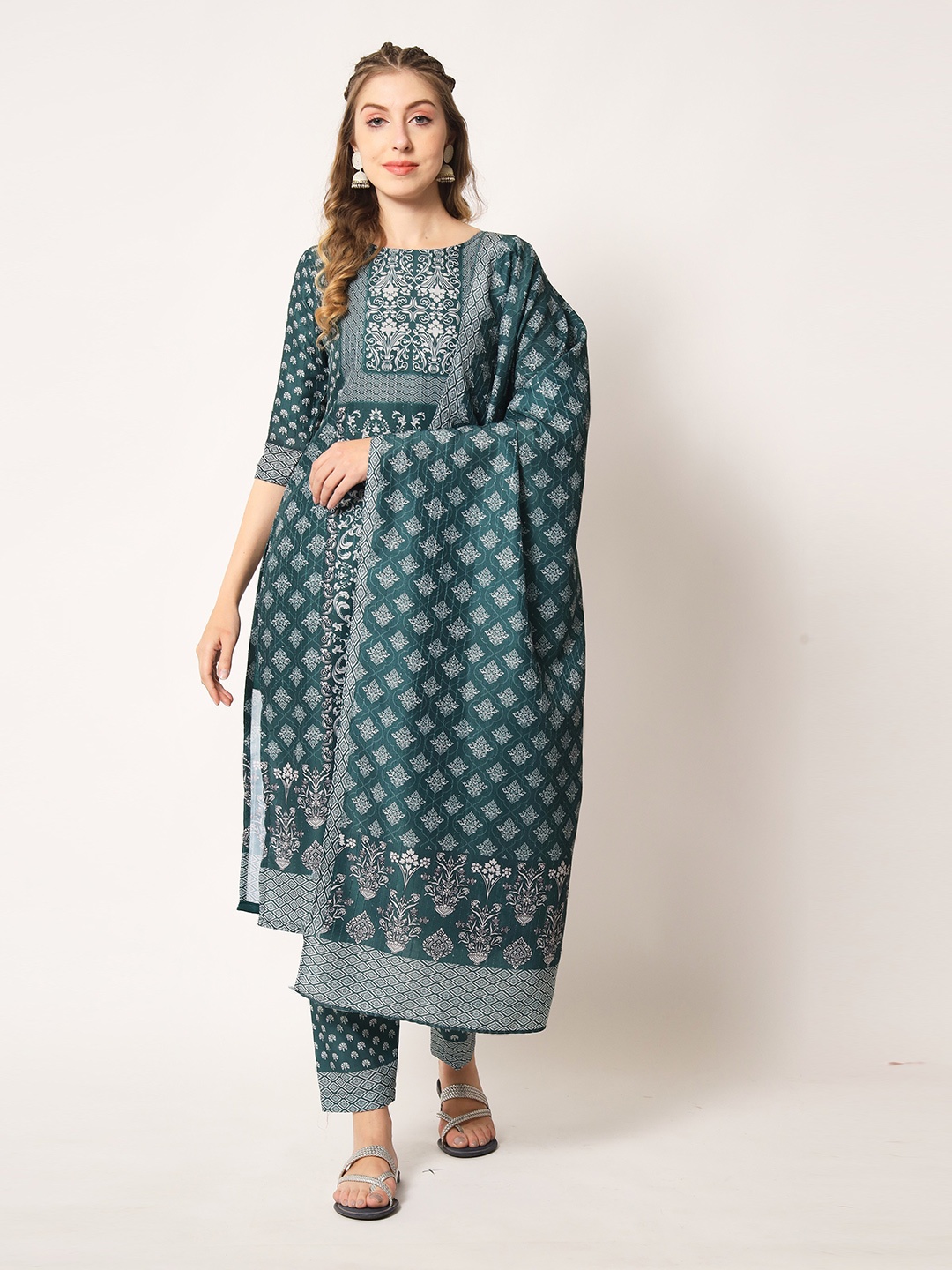 

Globon Impex Ethnic Motifs Printed Unstitched Dress Material, Teal