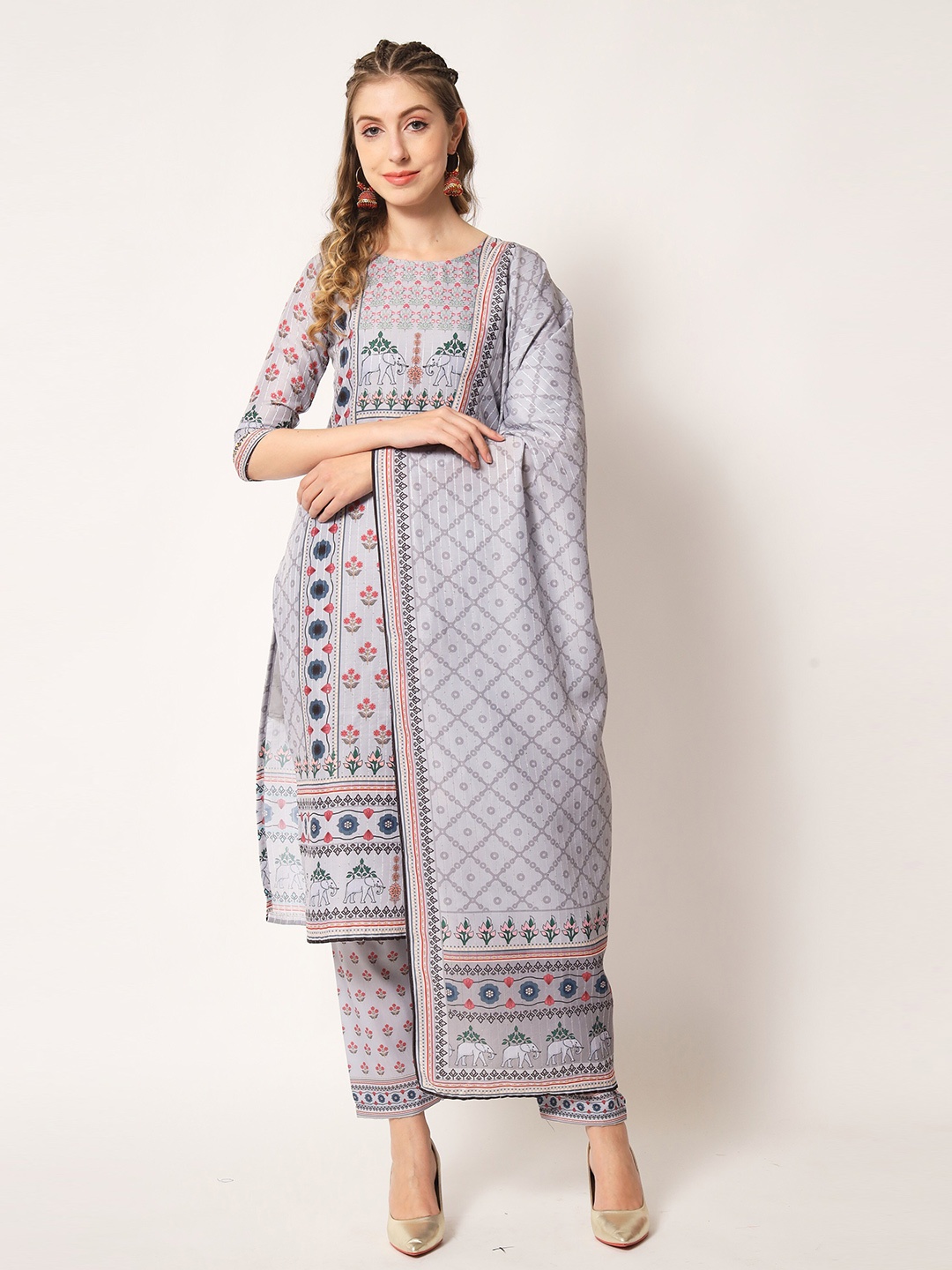 

Globon Impex Ethnic Motifs Printed Unstitched Dress Material, Grey