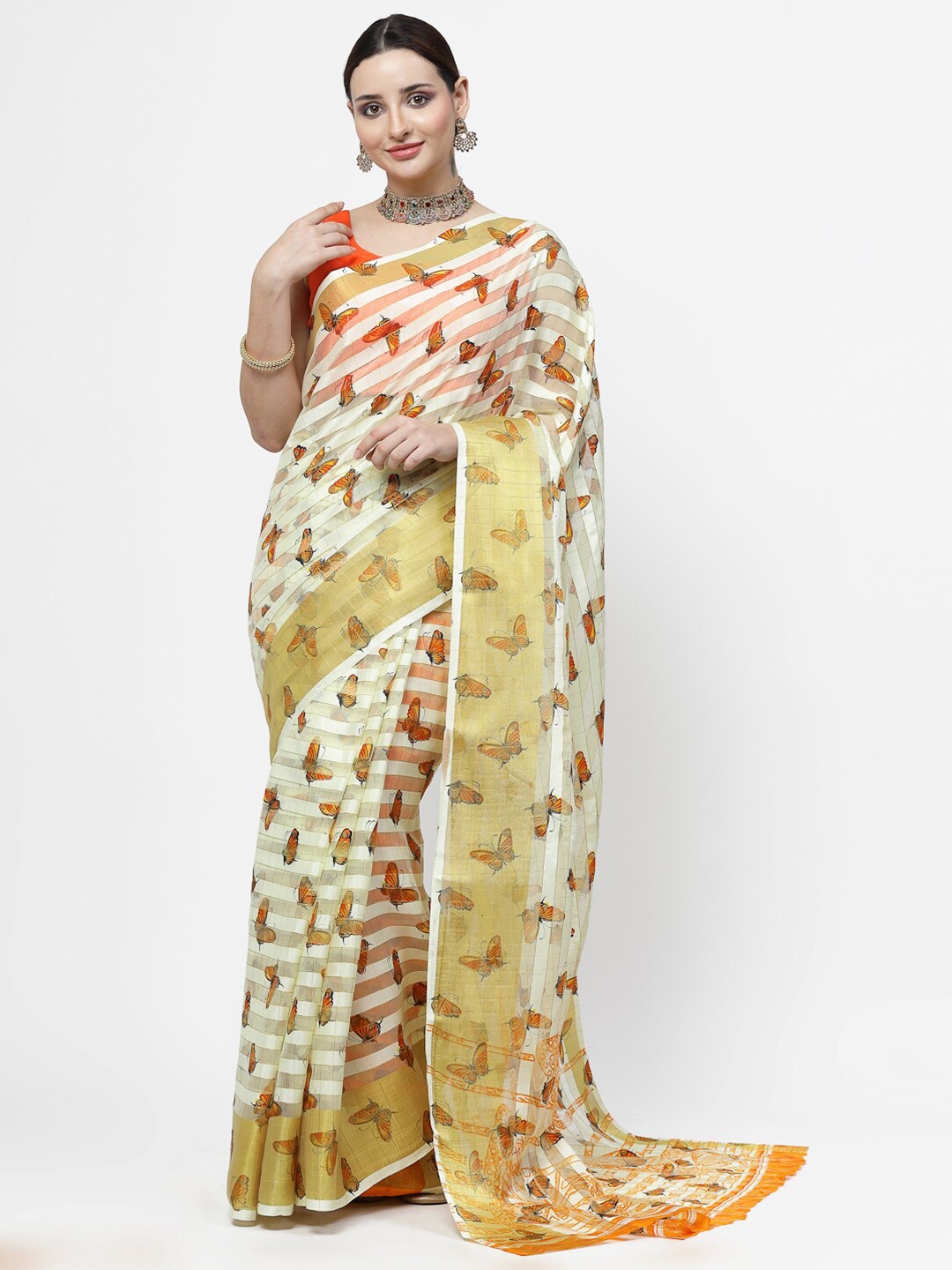 

KALINI Abstract Printed Zari Saree, Cream