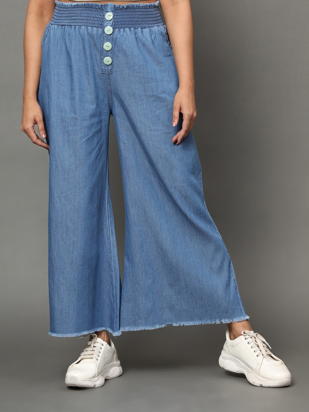 

AngelFab Flared Chambray Denim Palazzos, Blue