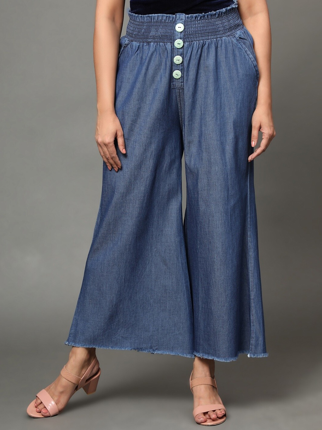 

AngelFab Chambray Cropped Cotton Denim Palazzos, Blue