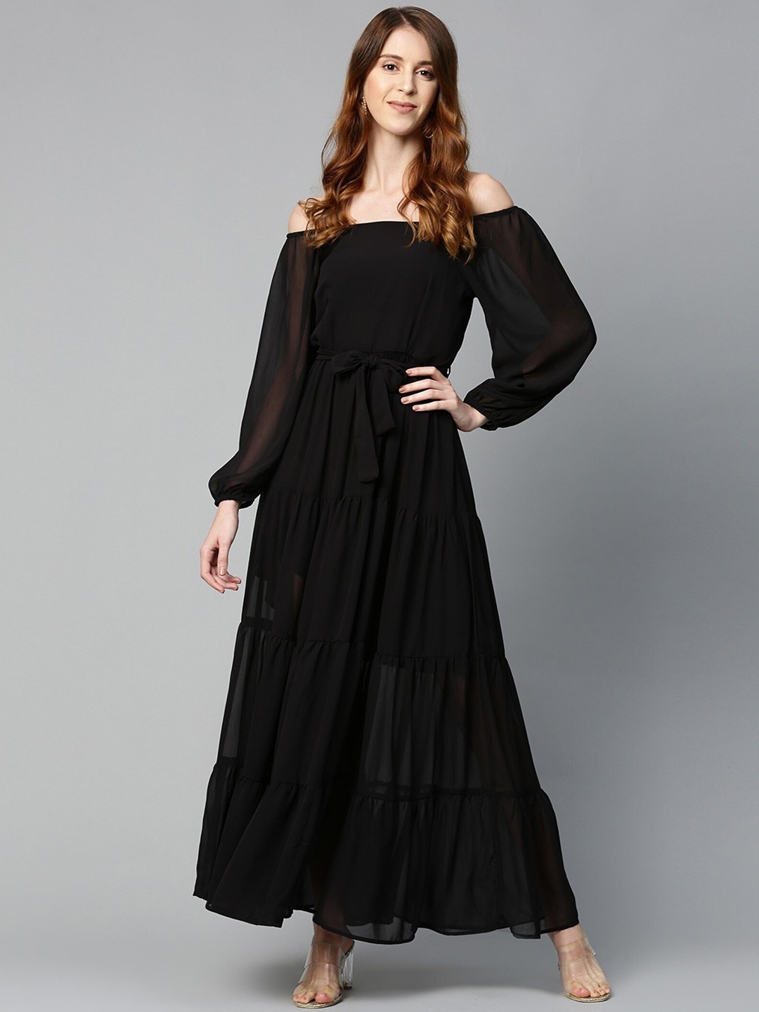 

Femvy Solid Off-Shoulder Puff Sleeve Tiered Maxi Dress, Black