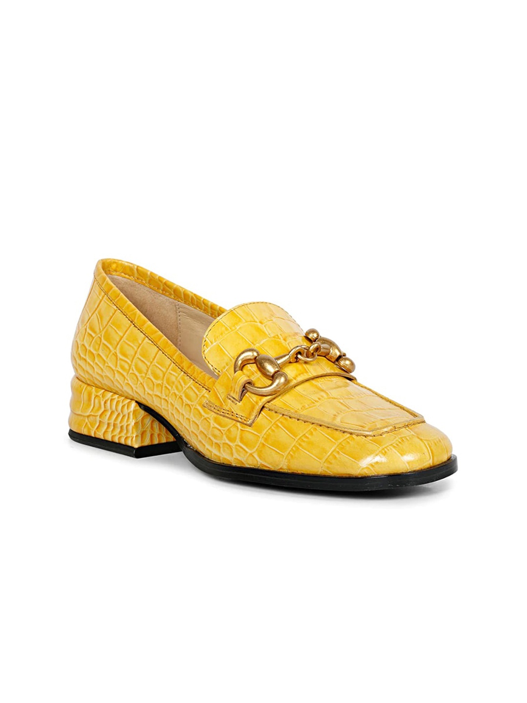 

Saint G Textured Buckled Leather Block Heel Mules, Yellow