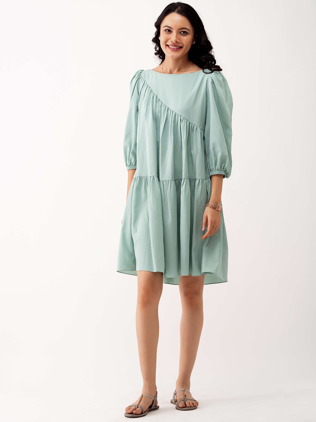 

AASK Puff Sleeves Gathered Details Drop Waist Dress, Sea green