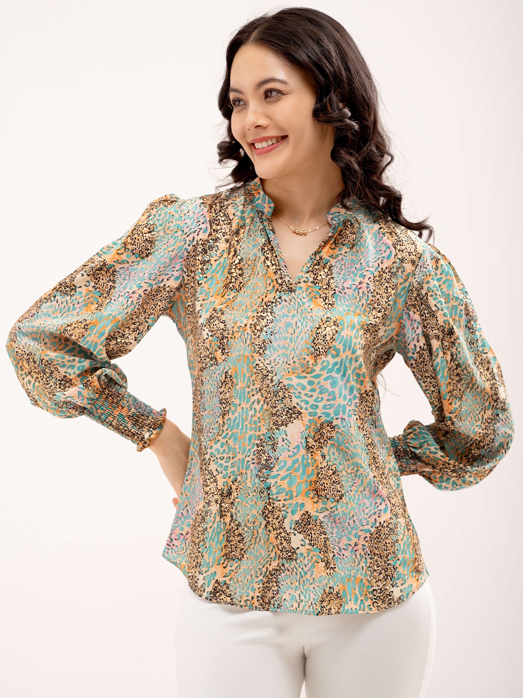 

AASK Animal Printed Mandarin Collar Crepe Top, Beige