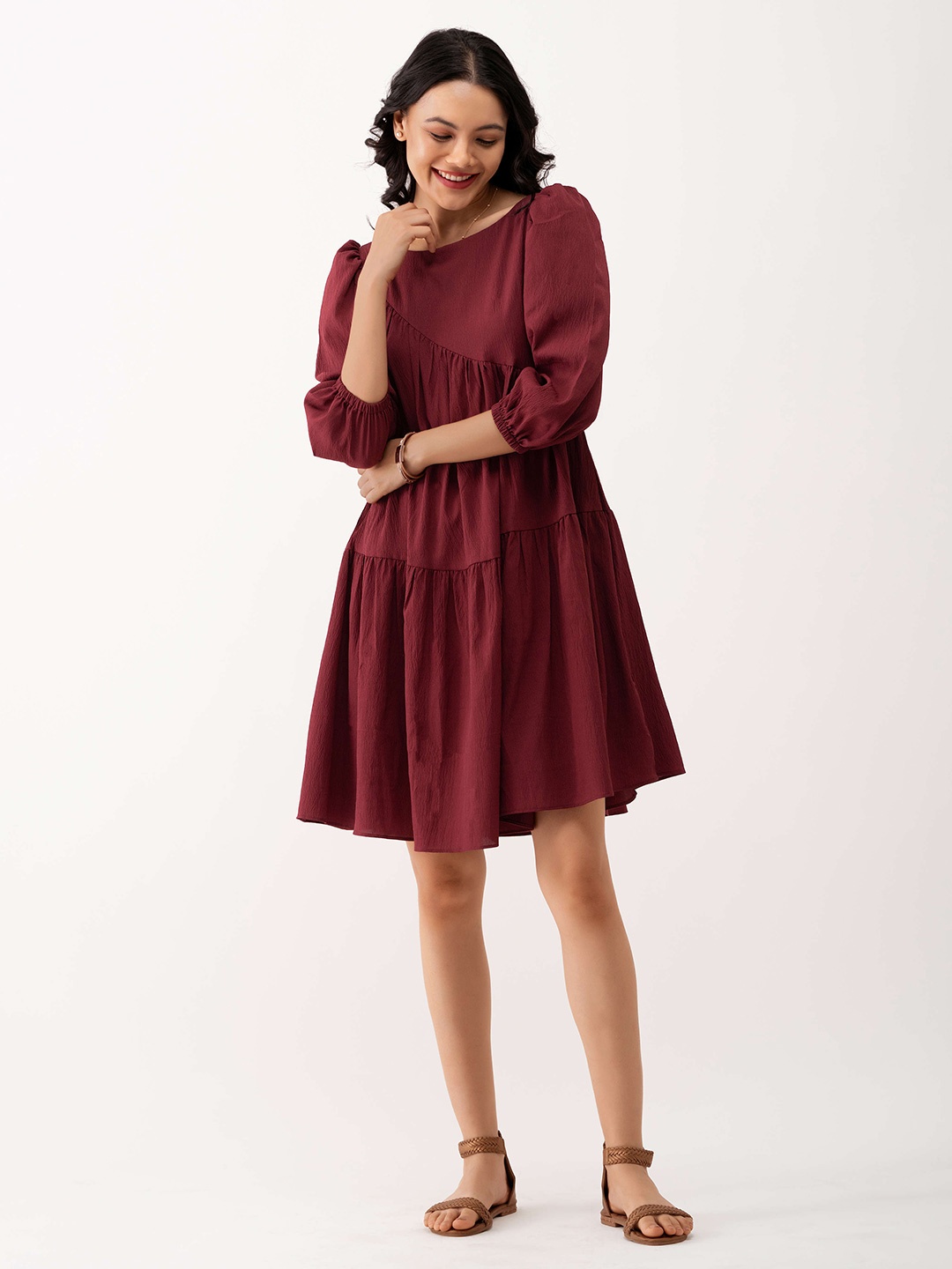 

AASK Boat Neck Puff Sleeves A-Line Dress, Maroon