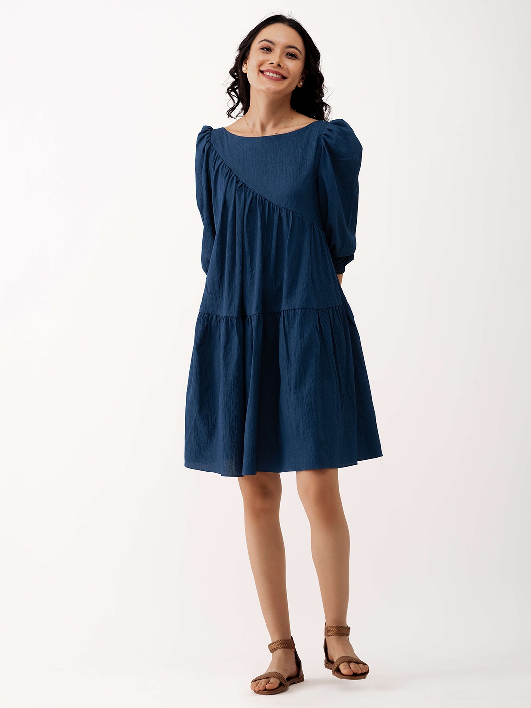 

AASK Boat Neck Puff Sleeves A-Line Dress, Teal