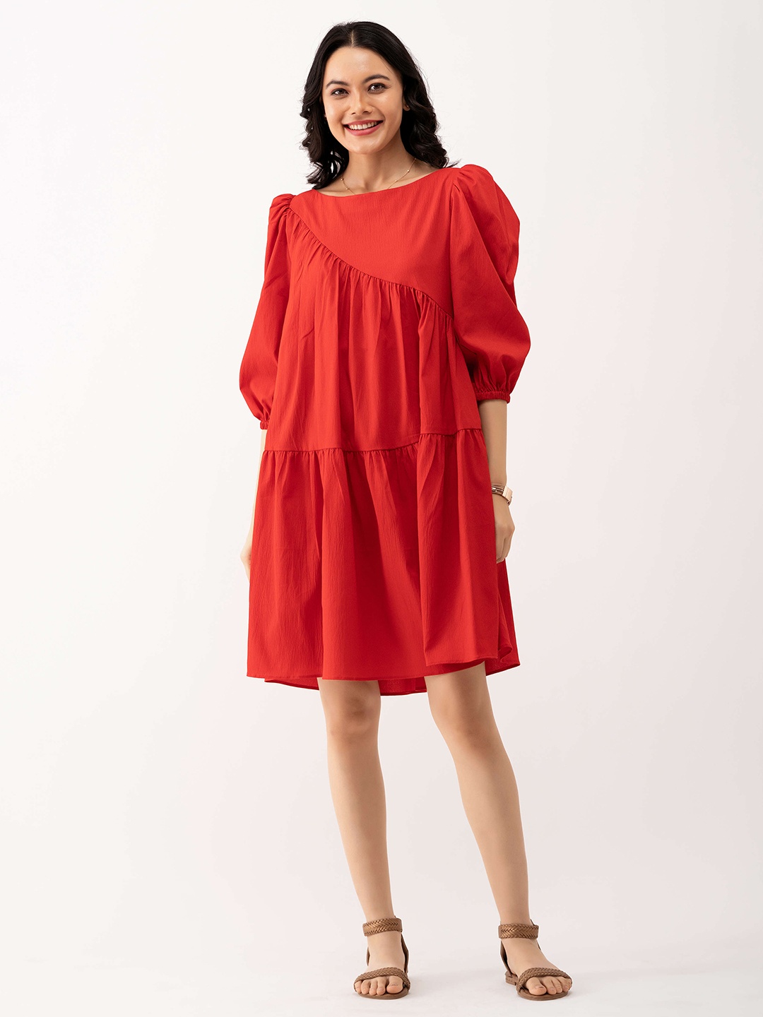 

AASK Boat Neck Puff Sleeve Tiered A-Line Dress, Red