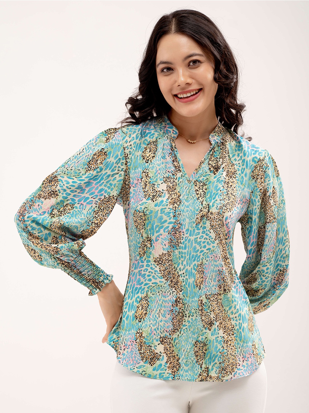 

AASK Animal Printed Mandarin Collar Crepe Shirt Style Top, Blue