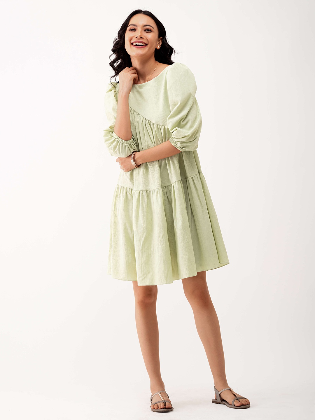 

AASK Solid Puff Sleeves Drop-Waist Dress, Green