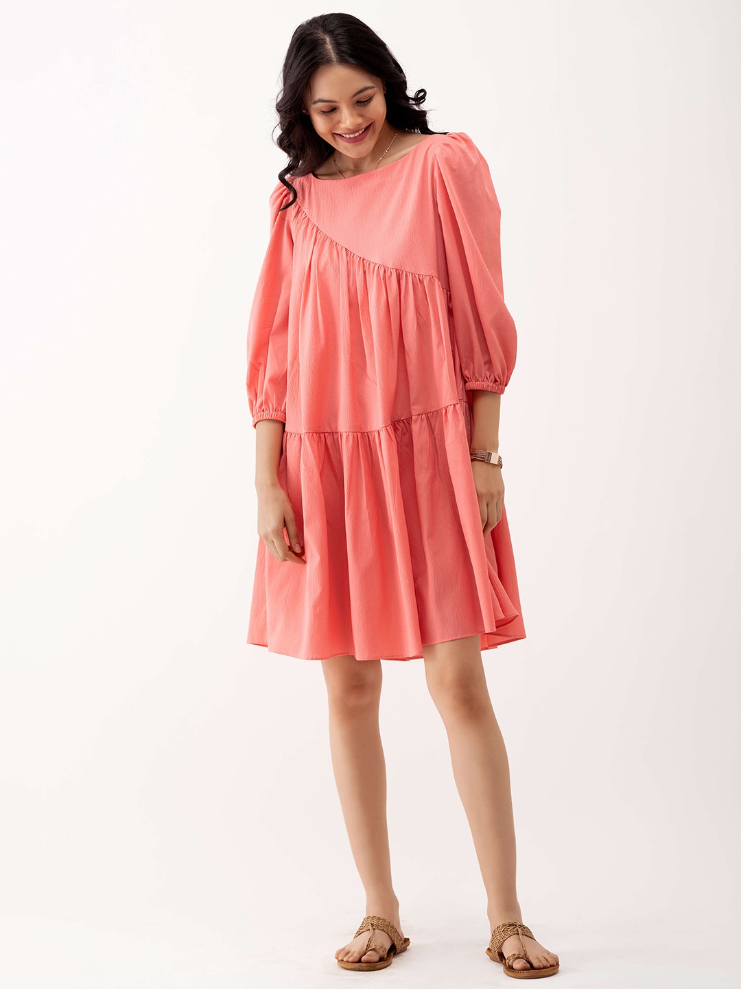 

AASK Solid Puff Sleeves Gathered Crepe A-Line Dress, Peach