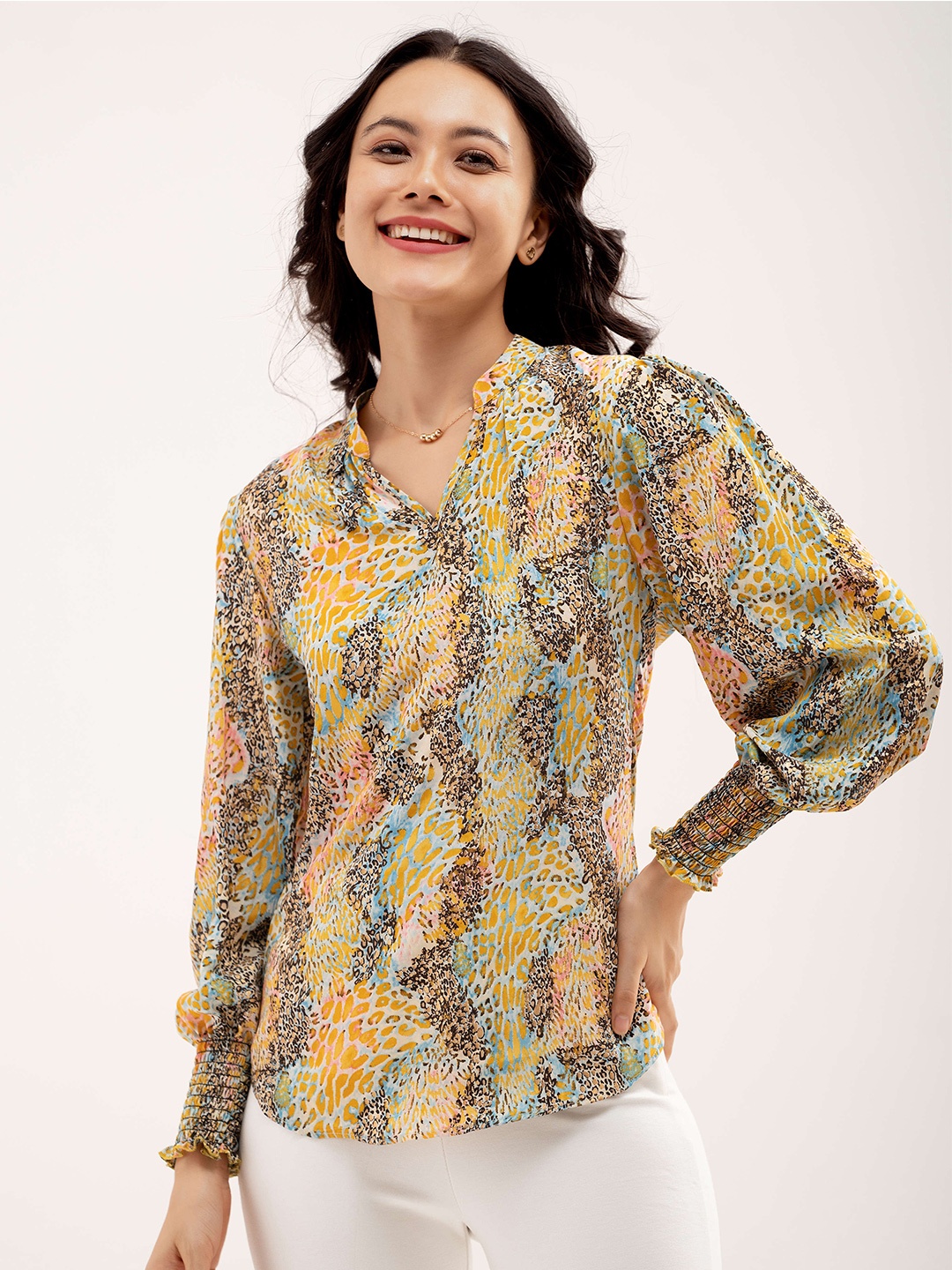 

AASK Animal Printed Smocked Crepe Top, Yellow