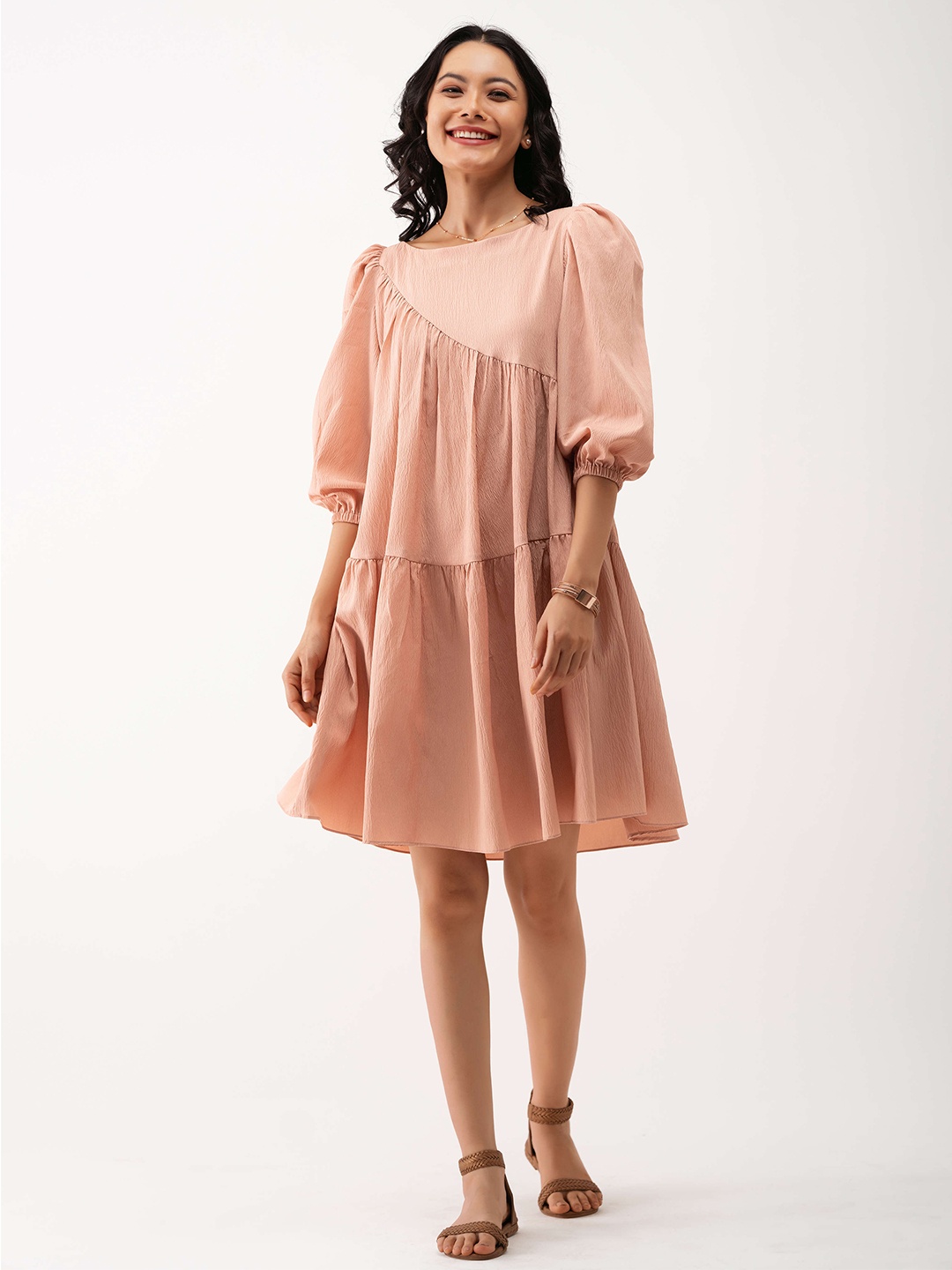 

AASK Puff Sleeves Gathered Details Drop Waist Dress, Peach