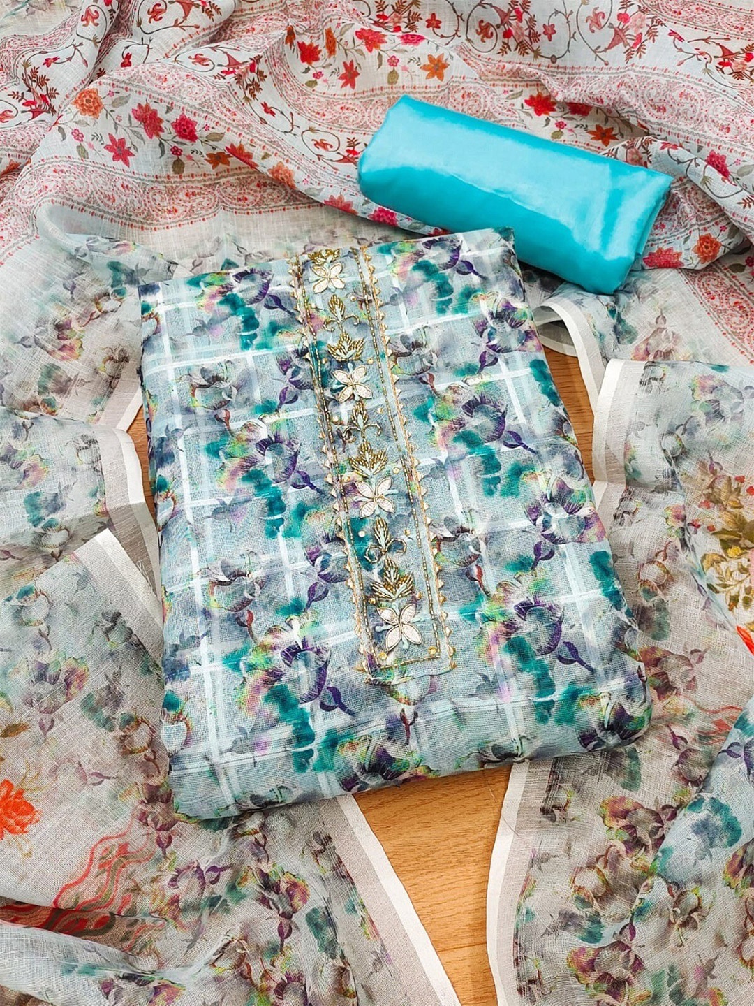 

KALINI Blue & Red Floral Printed Linen Unstitched Dress Material