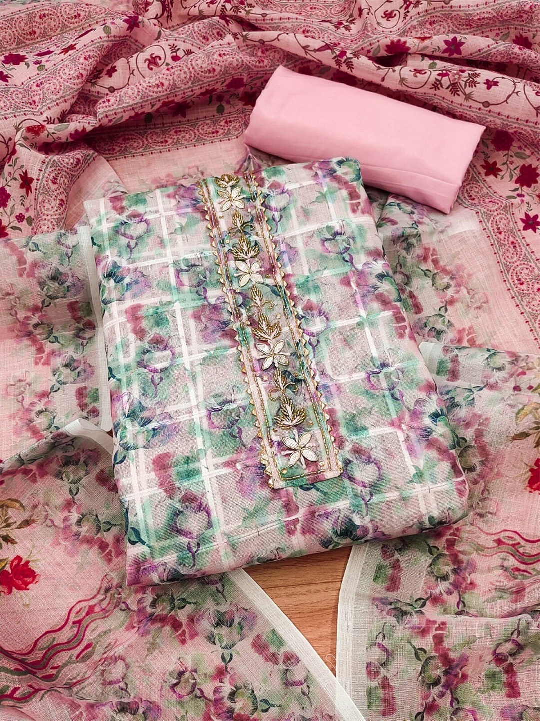 

KALINI Floral Printed Linen Unstitched Dress Material, Pink