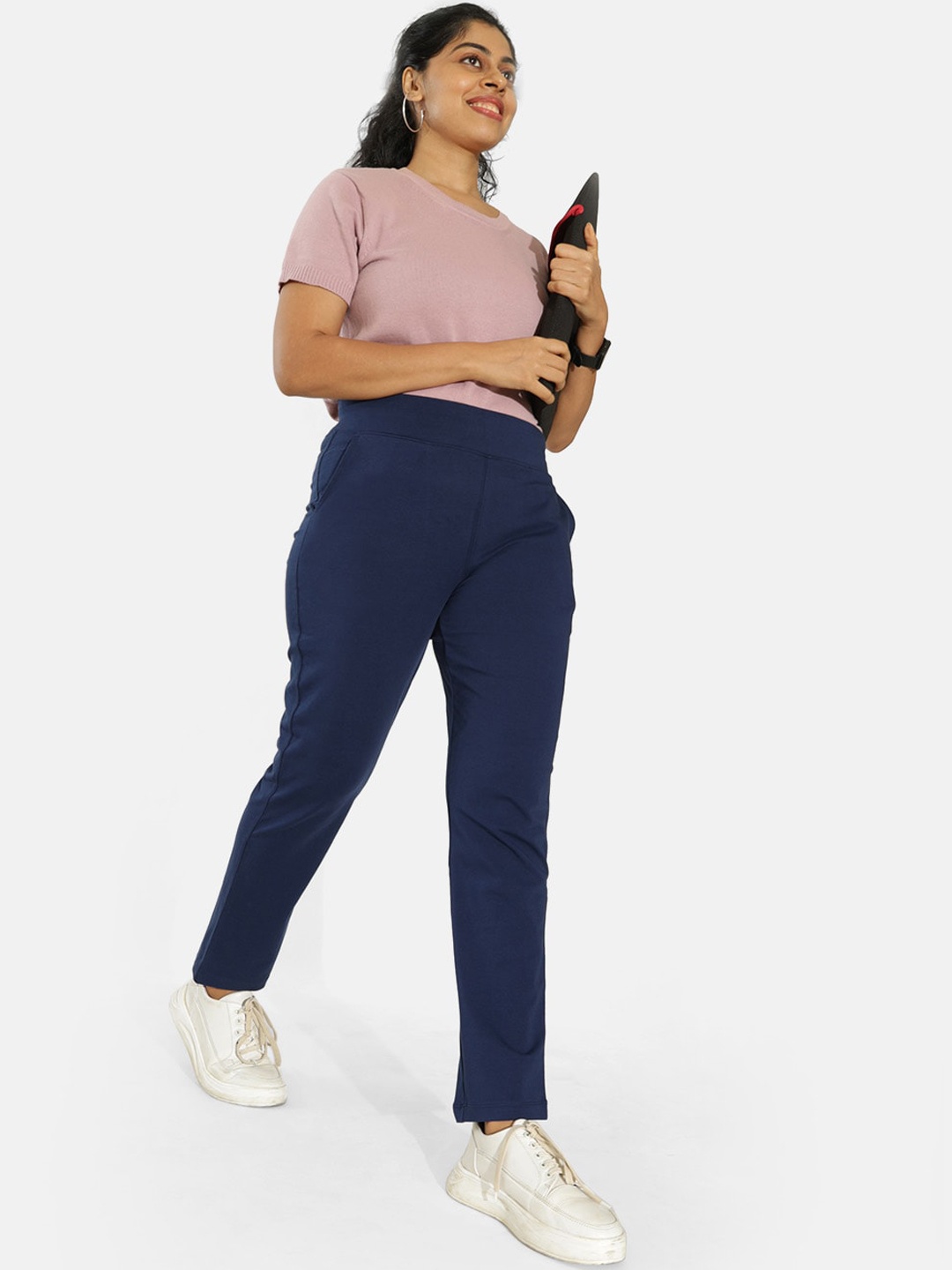 

Blissclub Women Pencil Tapered Fit High-Rise Wrinkle Free Trousers, Navy blue
