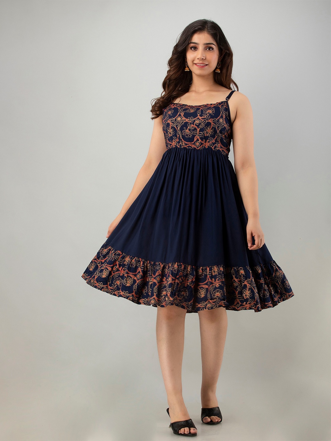 

KASHEEDA Floral Printed Shoulder Strap Gathered Detailed Fit & Flare Dress, Navy blue